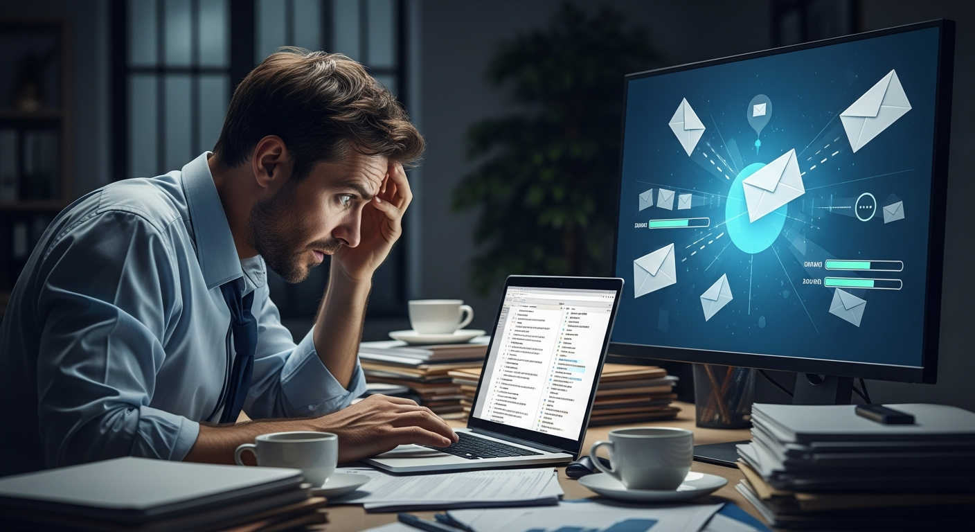 Business owner at desk stressed with emails while automation sends emails automatically on a screen